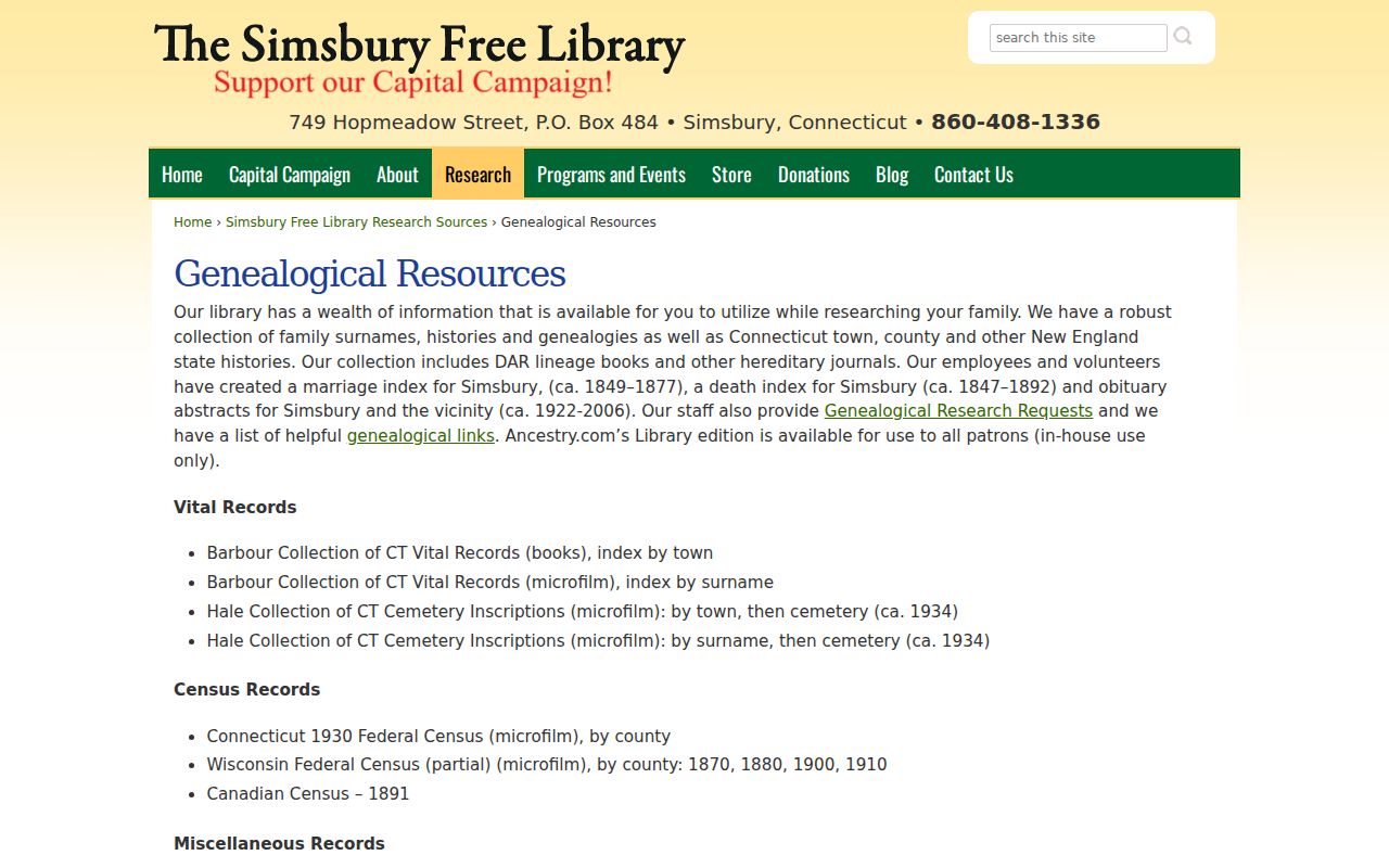 Simsbury city directory genealogy resources at the Simsbury Free Library