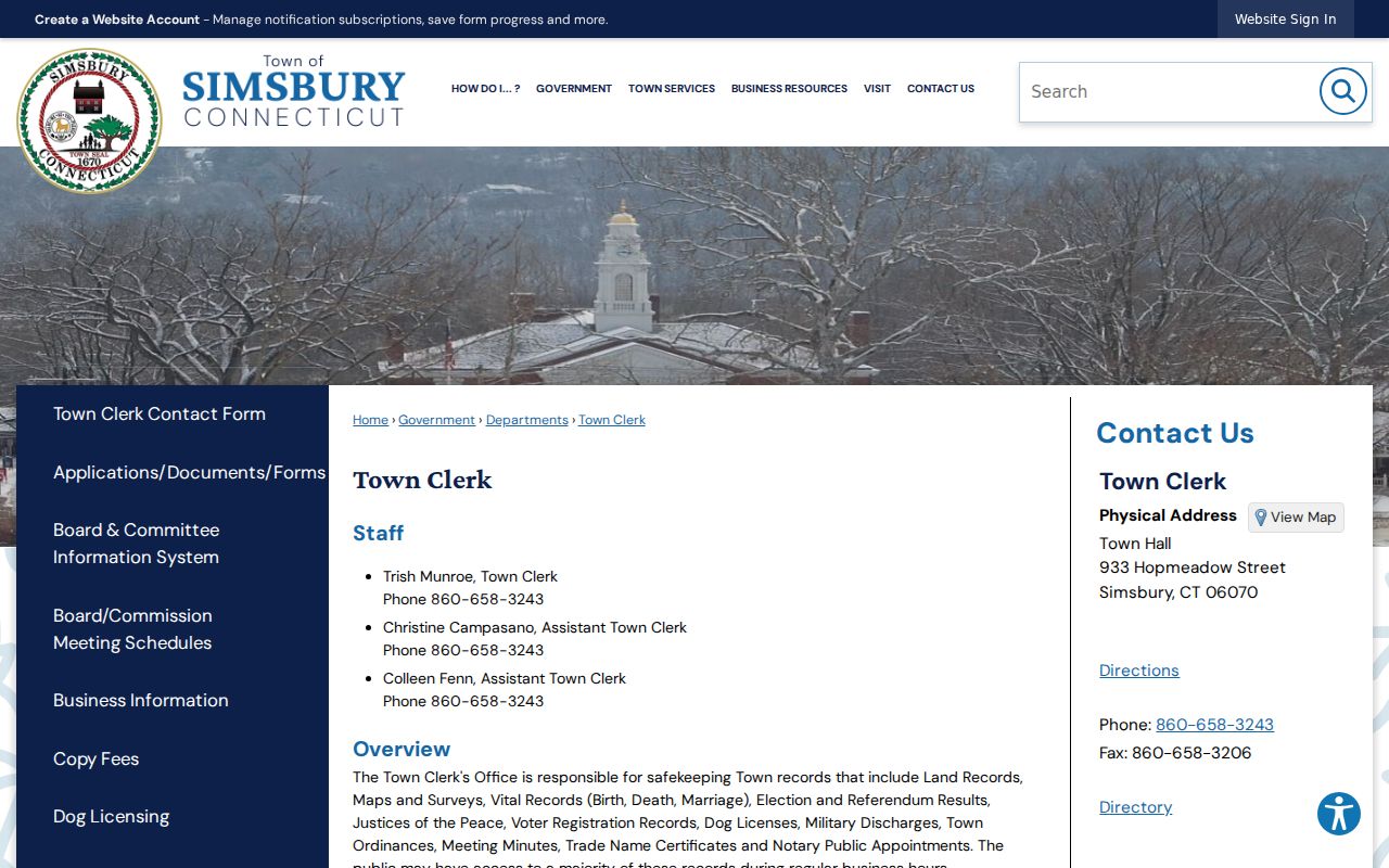 Simsbury residents directory Town Clerk records office