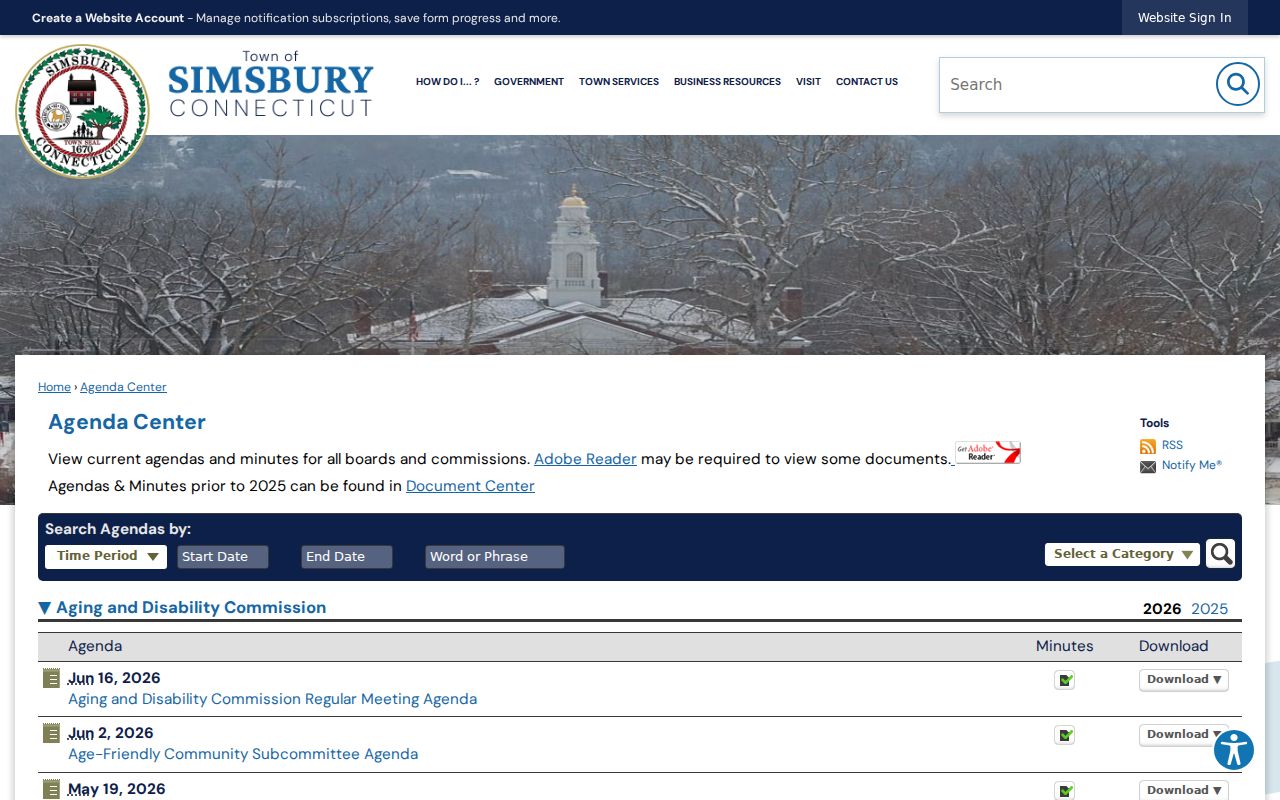 Simsbury neighbors Agenda Center civic records
