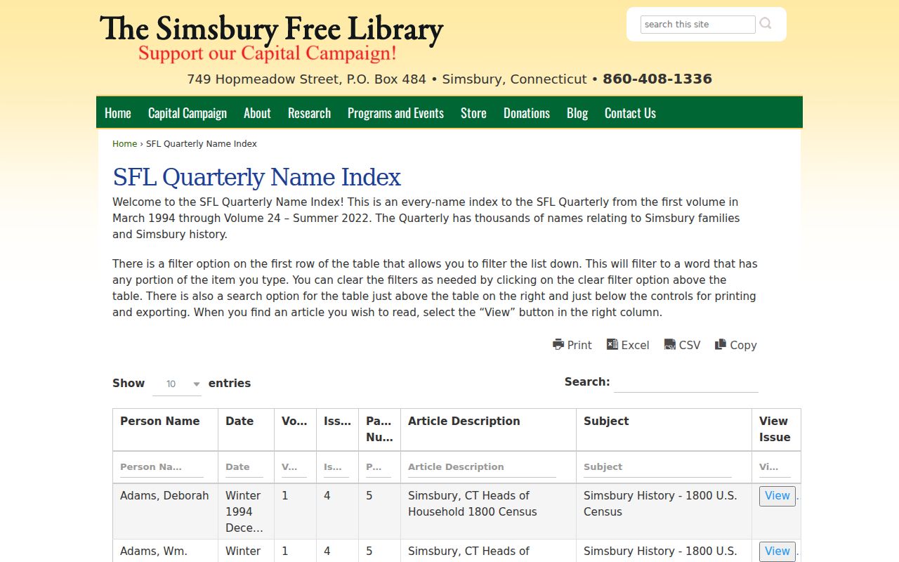 Simsbury previous residents Quarterly name index research