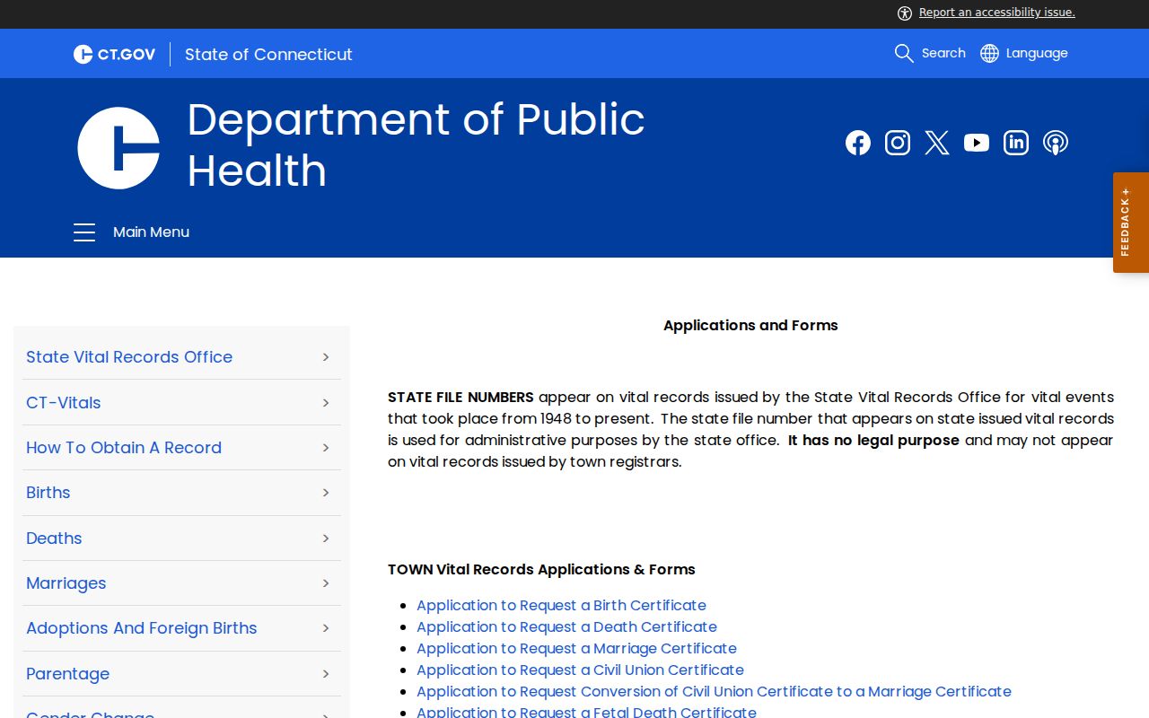 Simsbury resident lookup Connecticut vital record request forms