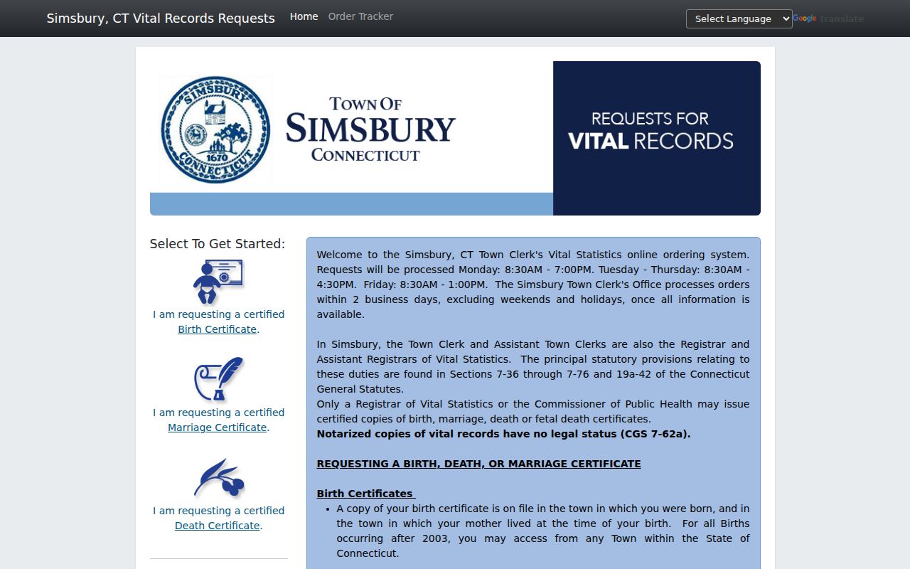 Simsbury resident lookup vital records application