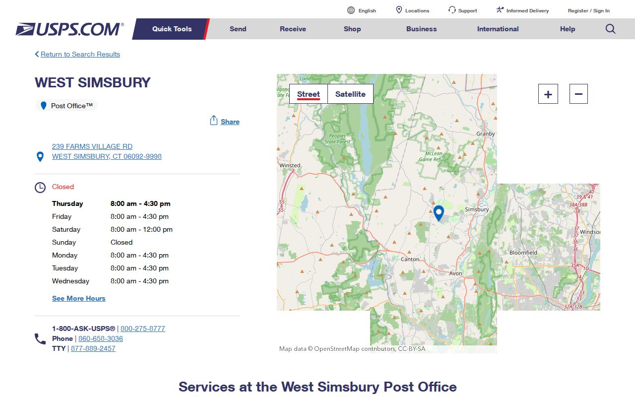 Simsbury ZIP code directory USPS West Simsbury location